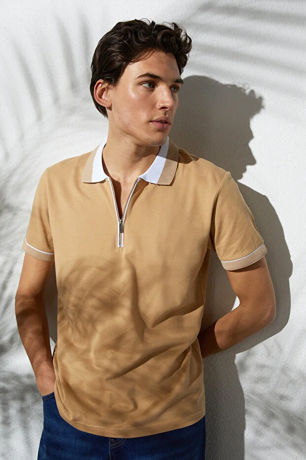 Erkek Slim Fit Dar Kesim %100 Pamuk Düz Pike Fermuarlı Haki Polo Yaka Tişört